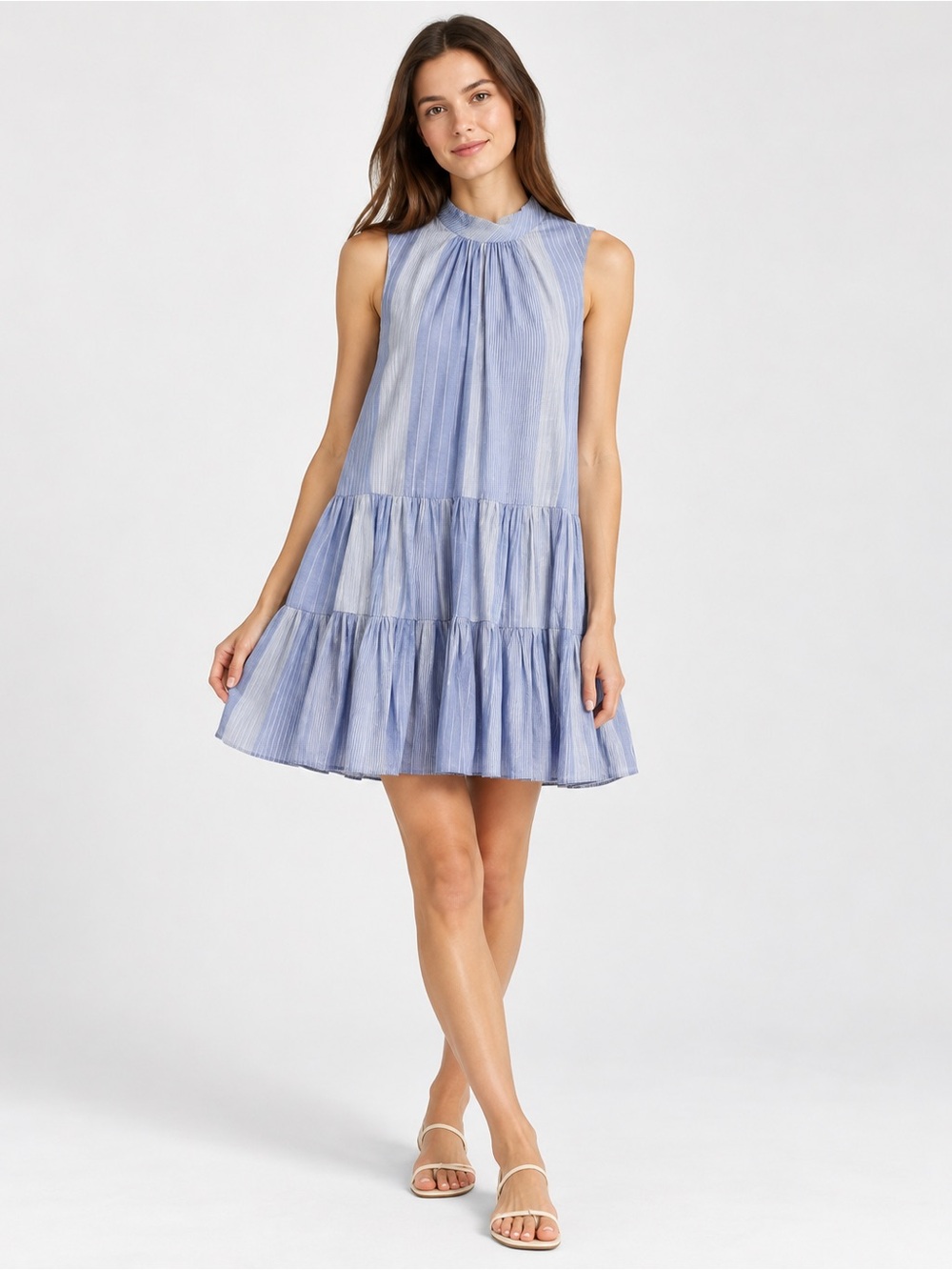 Calvin Klein Blue White Striped Cotton Tiered Sleeveless Dress Size 6